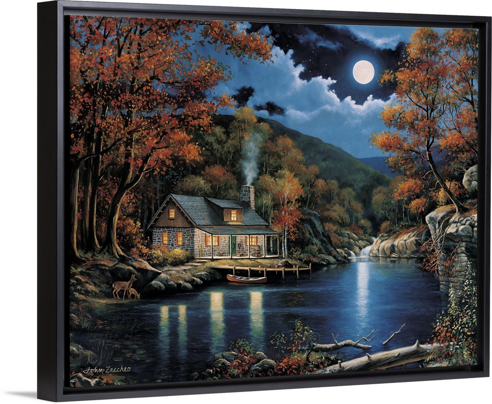 A cabin on the lake with a canoe resting at the dock and two deer at the edge of the water.