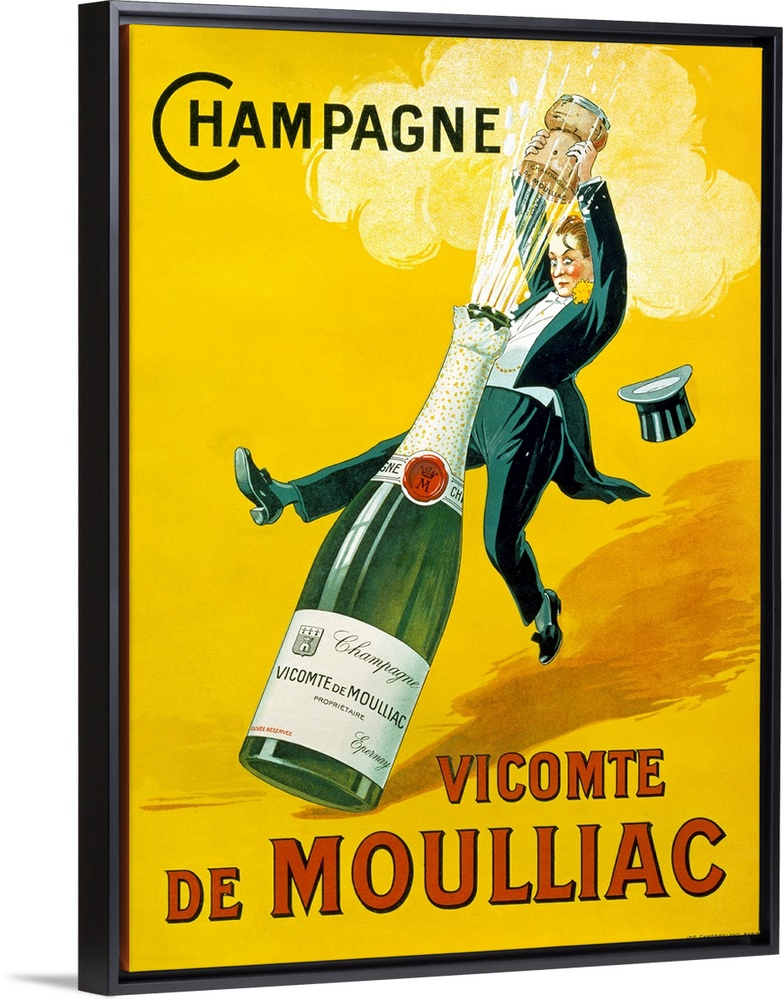 Big vintage art displays an advertisement for a white sparkling wine that is associated with celebration and regarded as a...