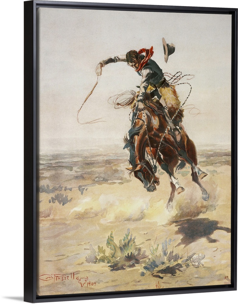 Vintage illustration of a cowboy riding his horse in a desert landscape.
