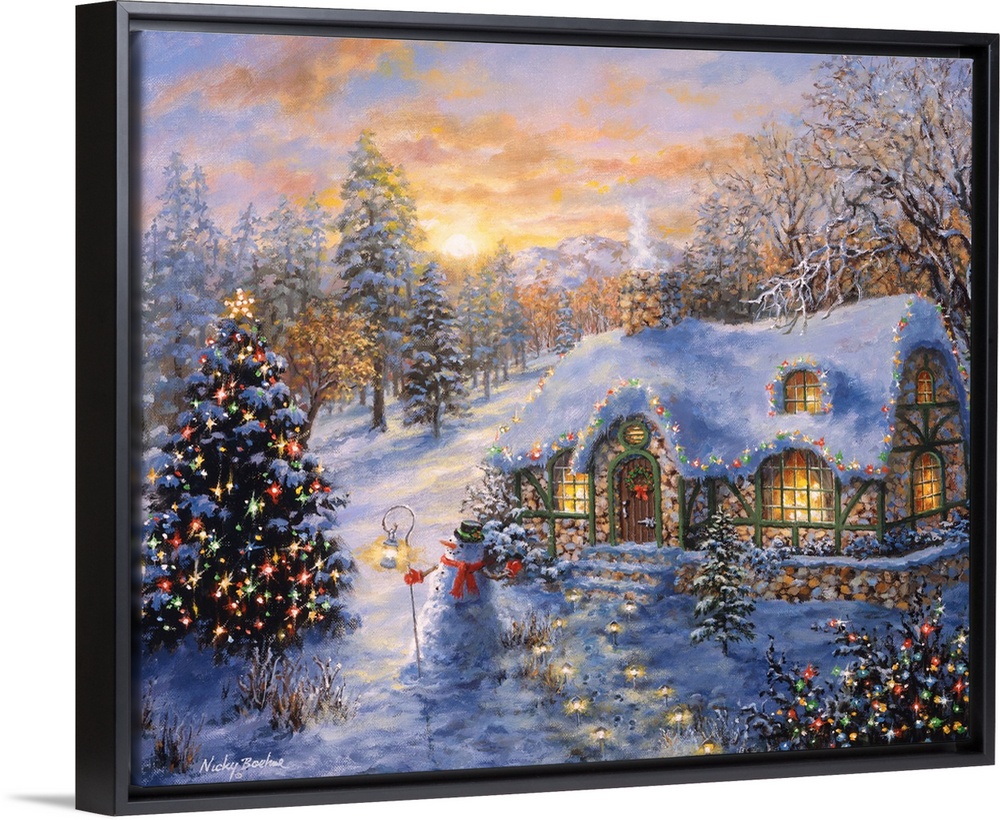 Painting of village scene featuring a large Christmas tree. Product is a painting reproduction only, and does not contain ...