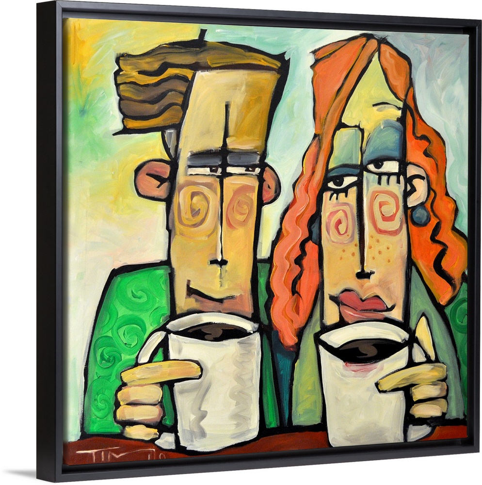 Square painting of two cartoon like figures enjoying mugs of coffee.