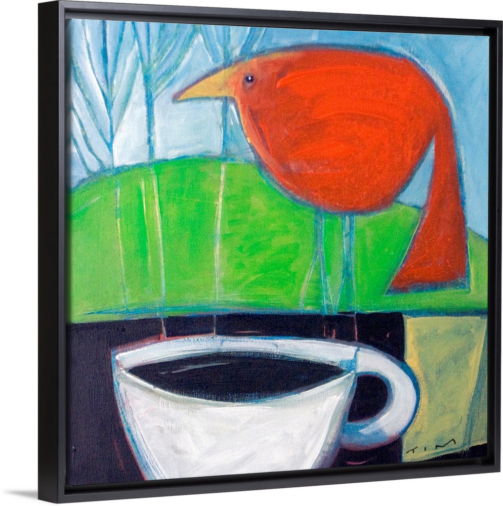 Square artwork on large canvas of a big red bird perching on a ledge in front of a hillside.  A large cup of coffee sits o...