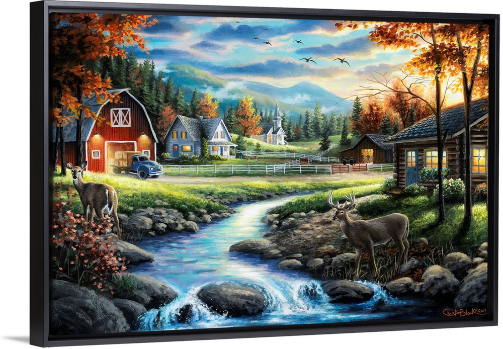 Contemporary painting of a countryside with two deer crossing a creek.