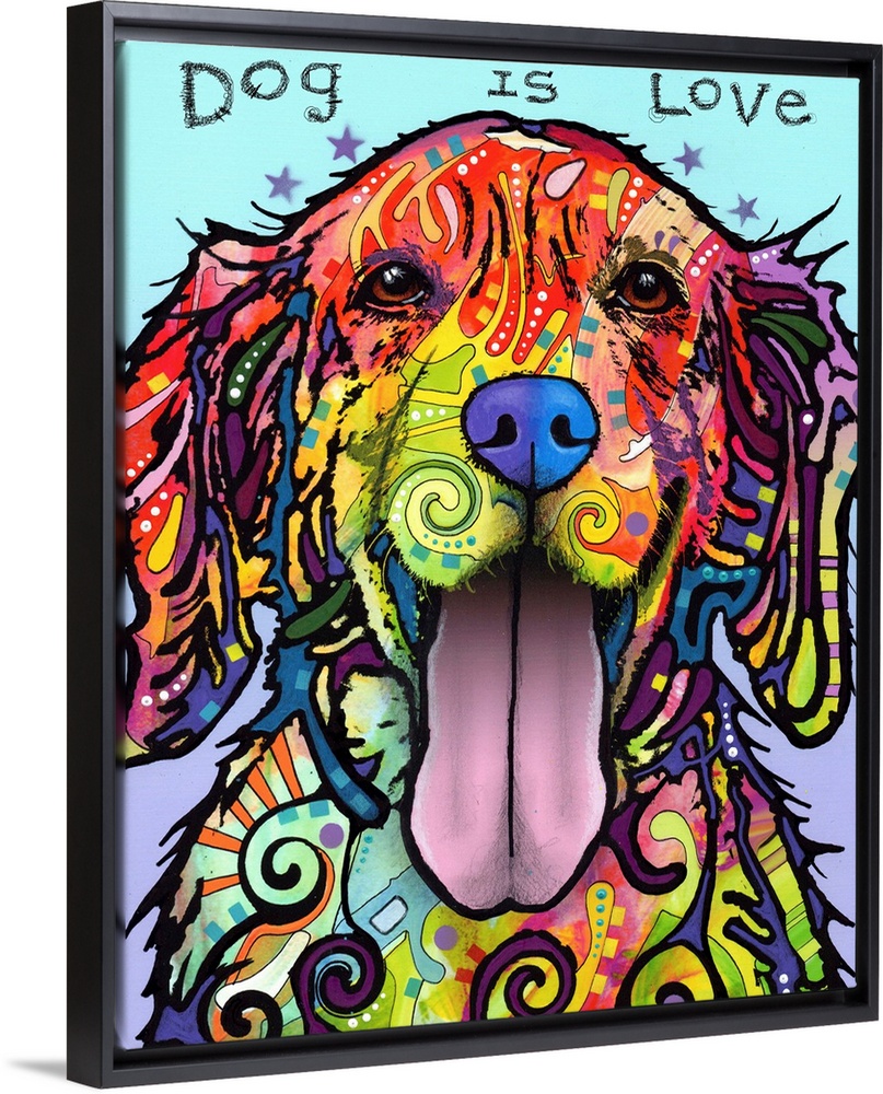 "Dog is Love" handwritten above a colorful painting of a dog with its tongue out and abstract markings on a light blue and...