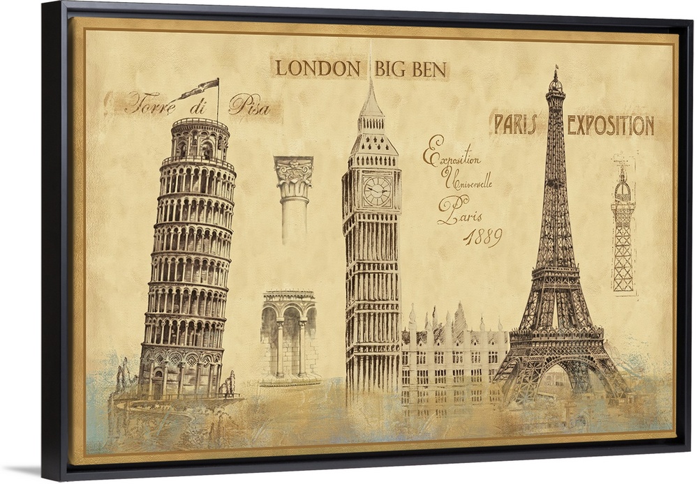 Oversized, horizontal, vintage wall hanging of sketches of well known European Architecture, including the leaning Tower o...