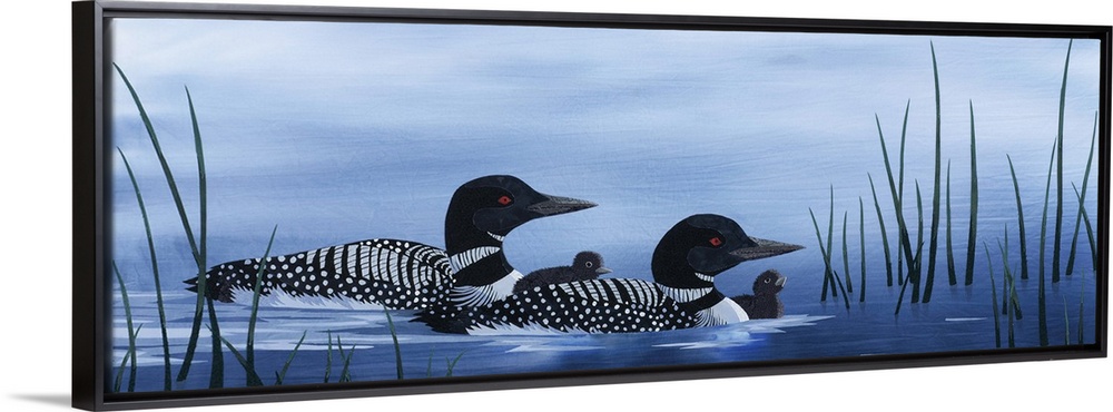 Painting of a loon family floating along in the water.