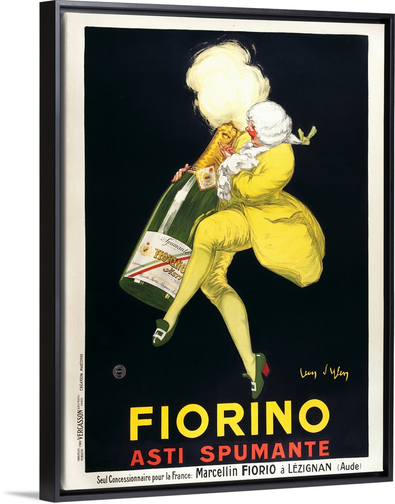 Vintage poster of a man as he hugs and dances with a life size bottle of wine.