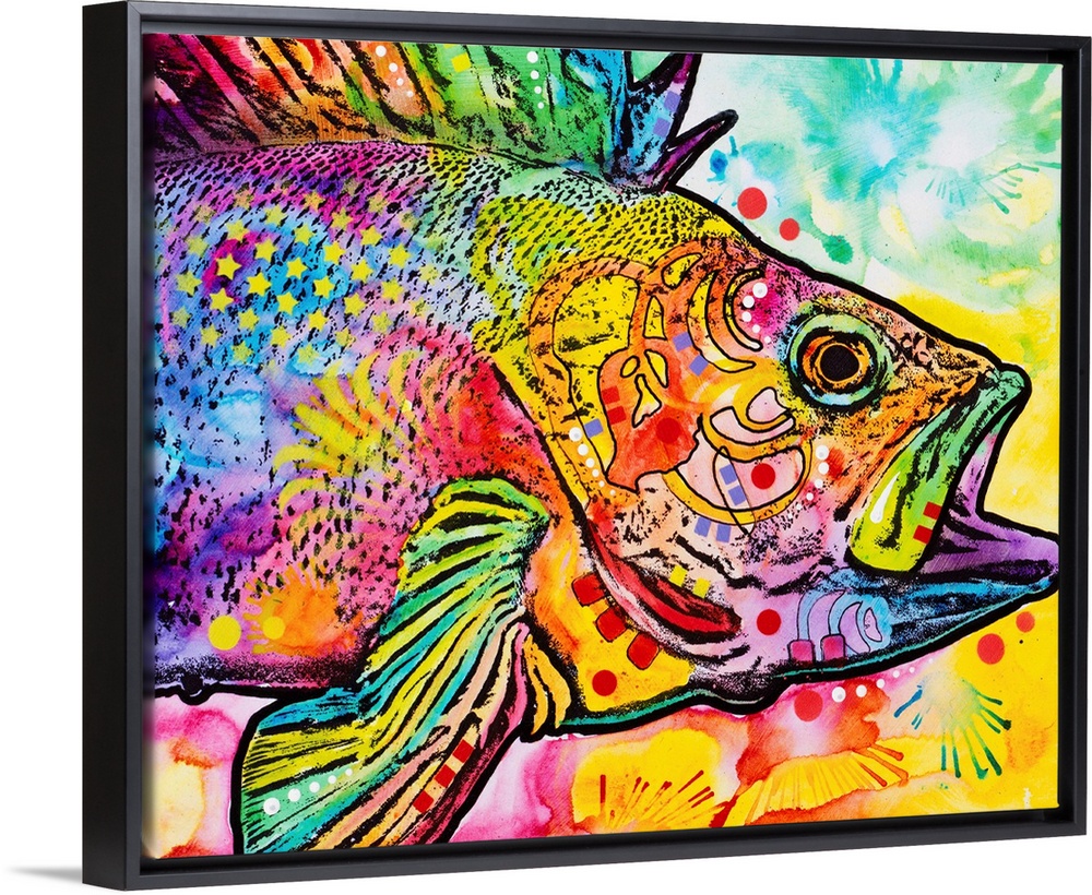 Vibrant painting of a fish with abstract designs and its mouth wide open.