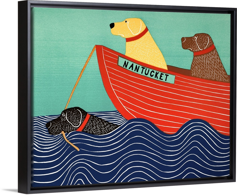 Illustration of a black lab in the ocean pulling a yellow and chocolate lab in a red boat titled "Nantucket"