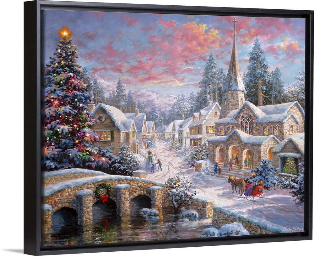 Painting of village scene featuring a large Christmas tree. Product is a painting reproduction only, and does not contain ...