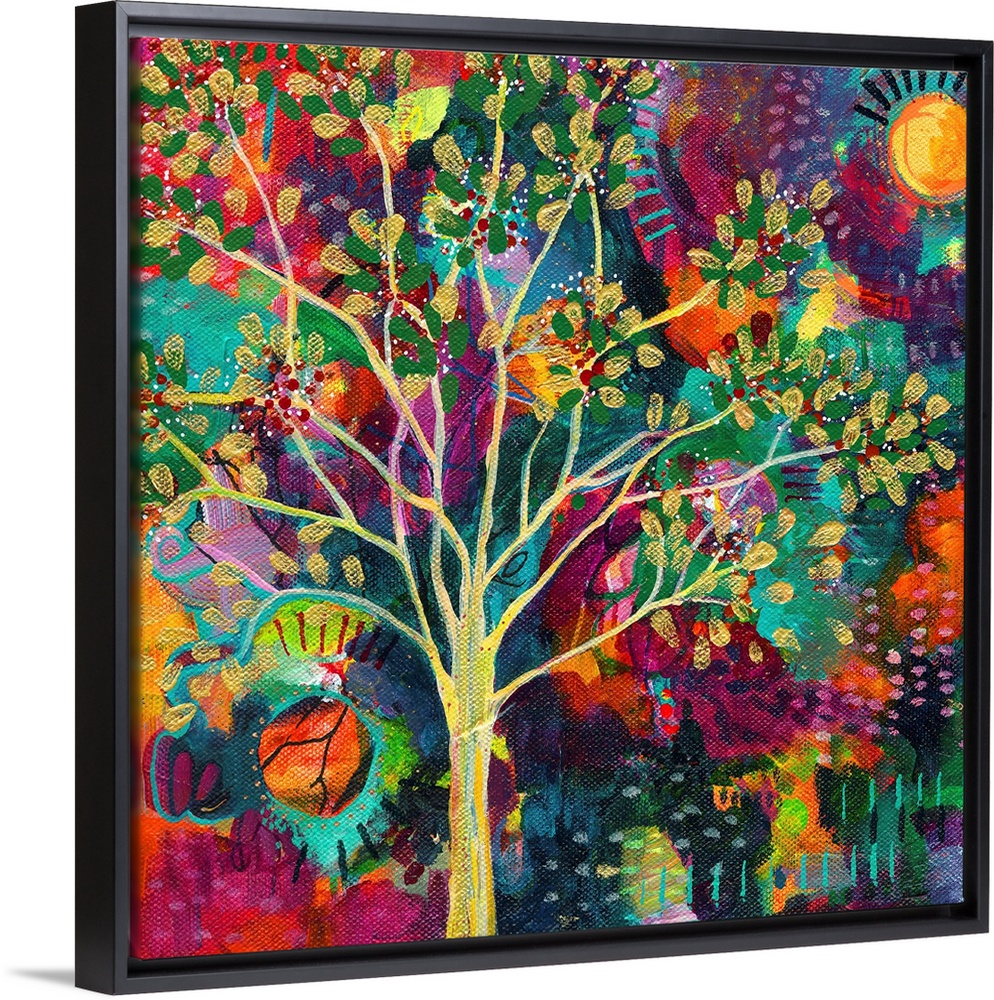 Abstract painting of a golden tree on a busy, colorful, square background with a sun on each side.