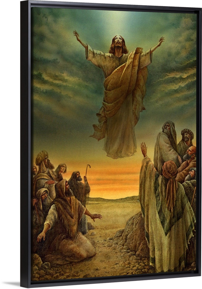 This vertical wall hanging is a painting of Traditional Wall art depicting Jesus floating over a group of figures with his...