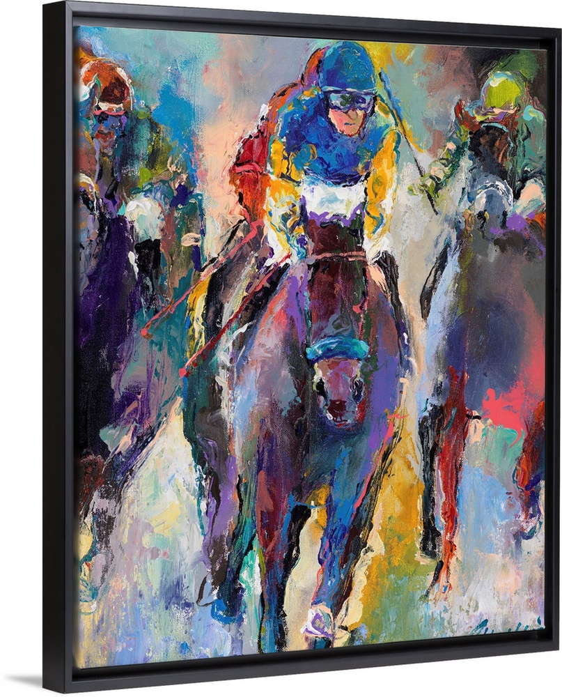 Colorful abstract painting of jockeys on horseback.