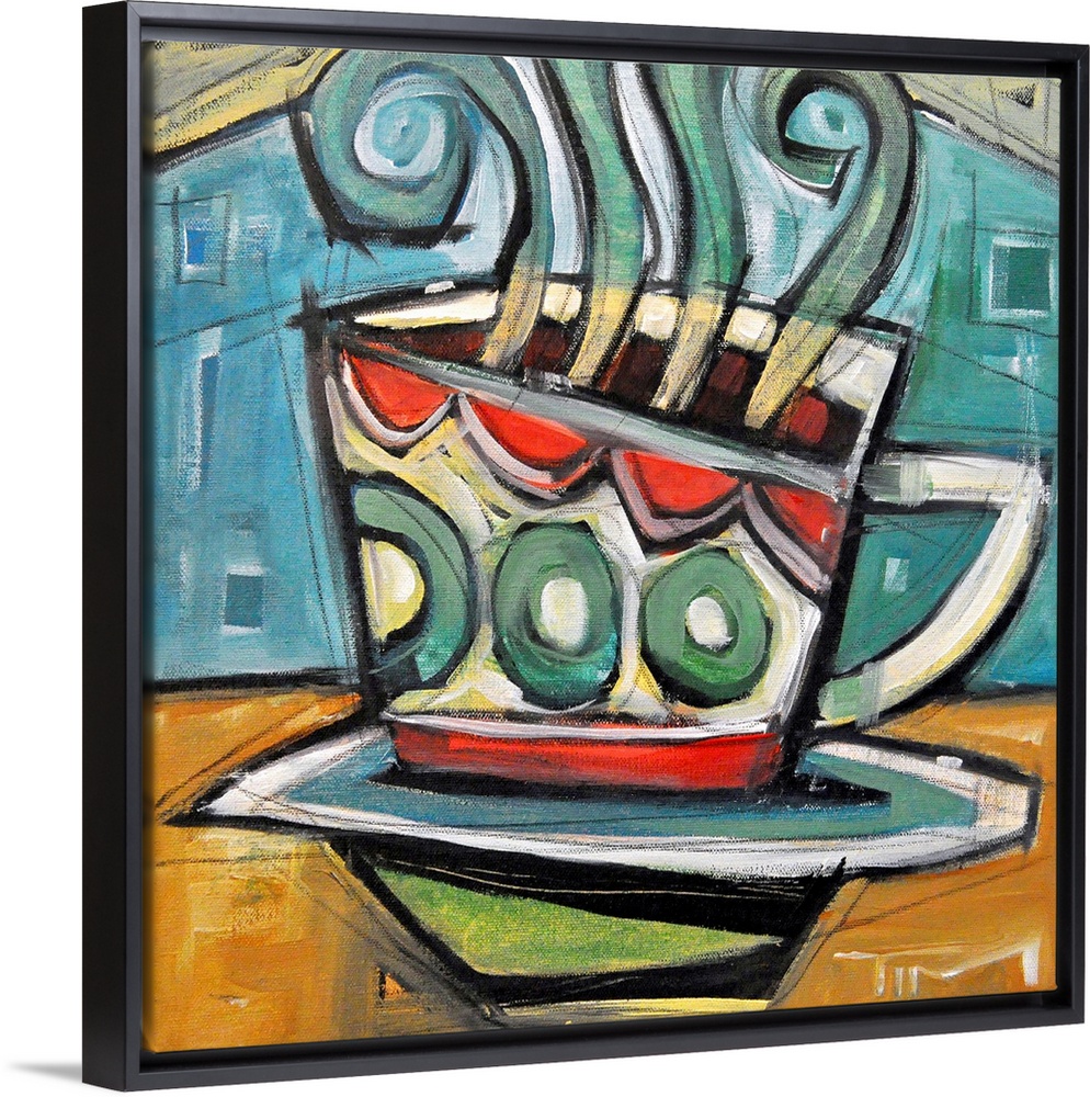 Modern artwork of a coffe cup sitting on a table with steam from the hot coffee pouring out of the top of the cup. Cool to...