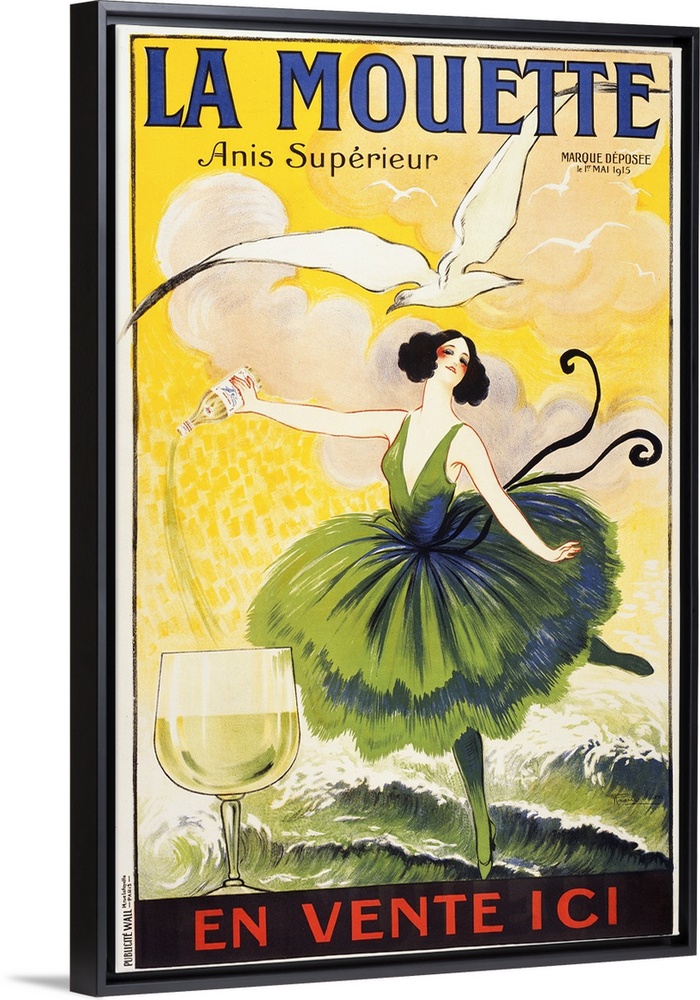 Big canvas painting of a woman in a green ballerina outfit pouring wine into a glass.