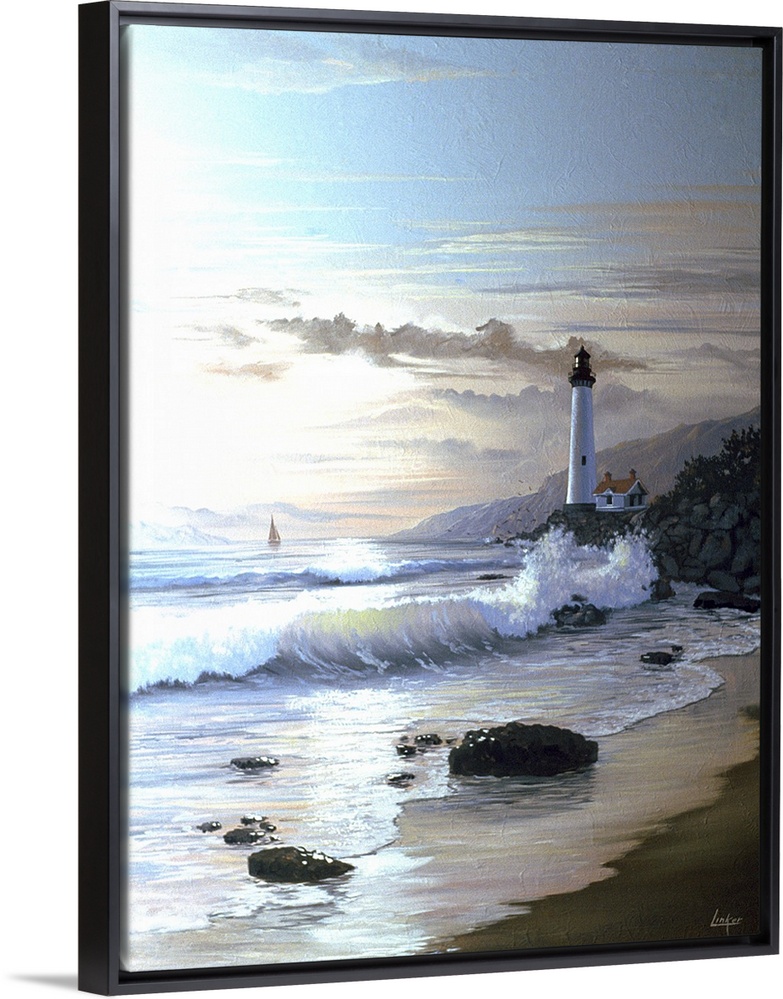 Contemporary painting of waves crashing on the coastline at twilight, with a lighthouse in the distance.