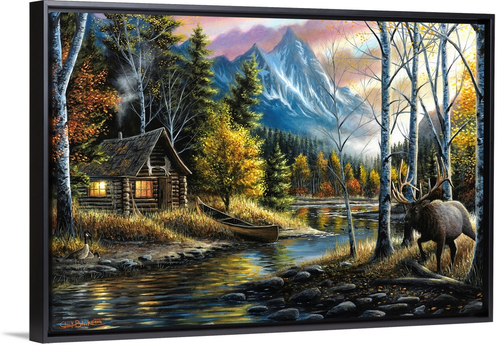 Contemporary landscape painting of a cabin next to a river in the woods with an elk walking by.