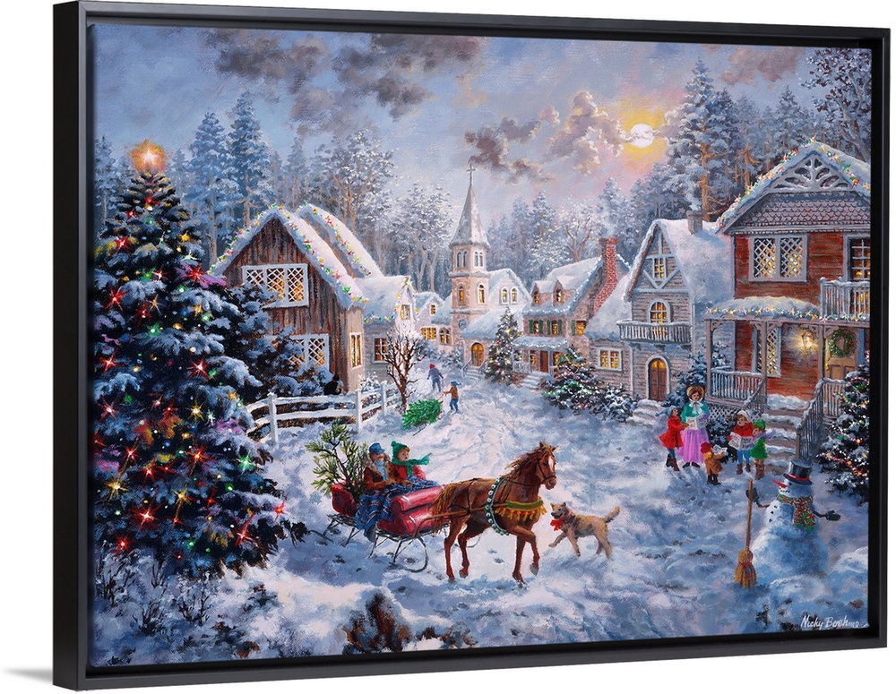 Painting of village scene featuring a large Christmas tree. Product is a painting reproduction only, and does not contain ...