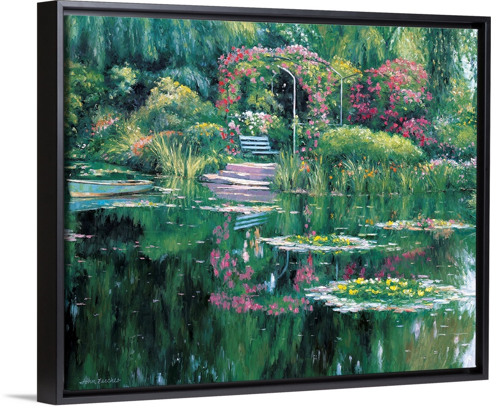 A pond with two islands covered in flowers with a trellis and a bench on the stone walkway.