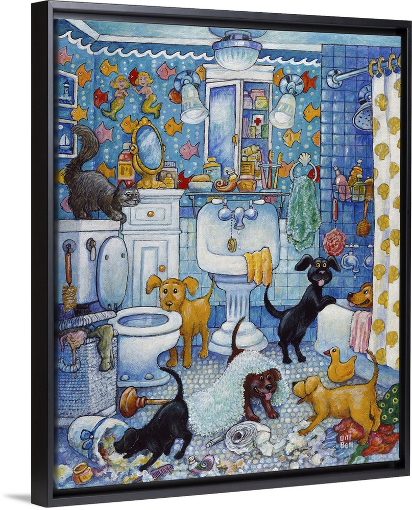 A group of dogs (puppies) in the bathroom.