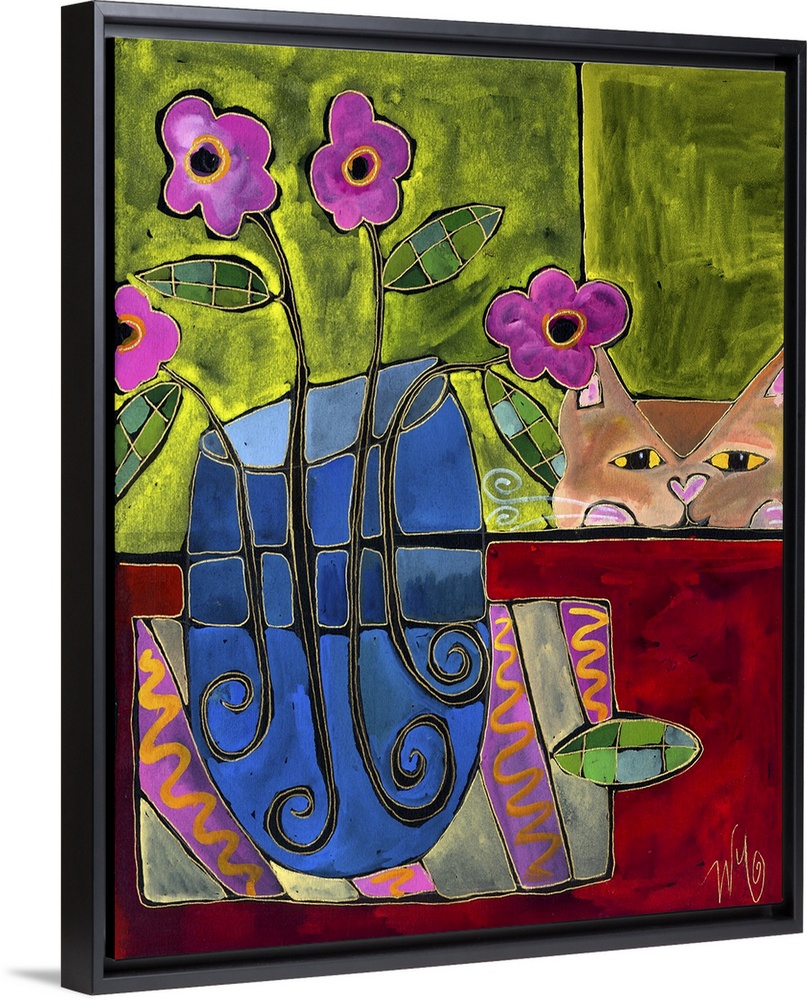 A cat looking at a blue vase of flowers on a table.