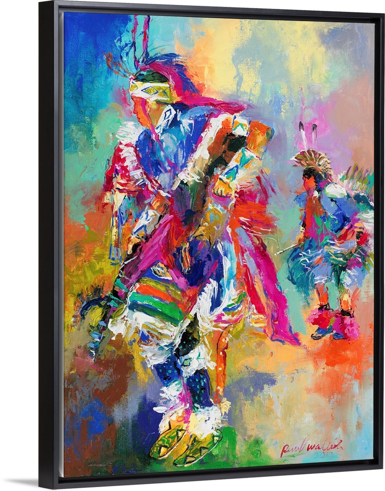 Colorful abstract painting of two Native American chiefs dancing at a pow wow.