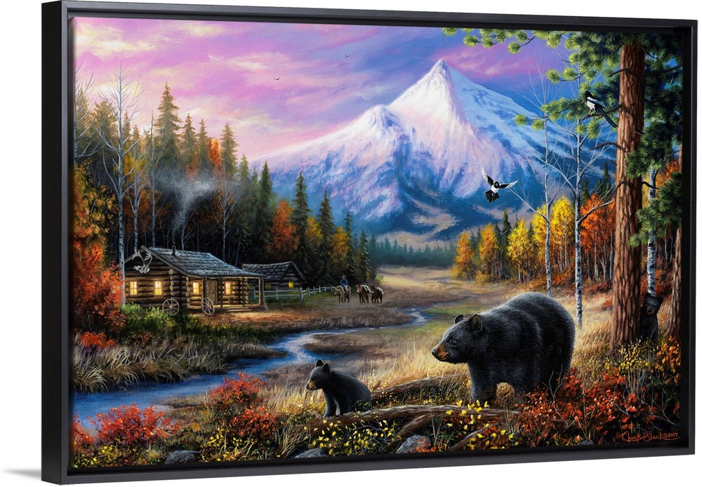 Contemporary landscape painting of a cabin the the woods with mountains in the background and two black bears in the foreg...