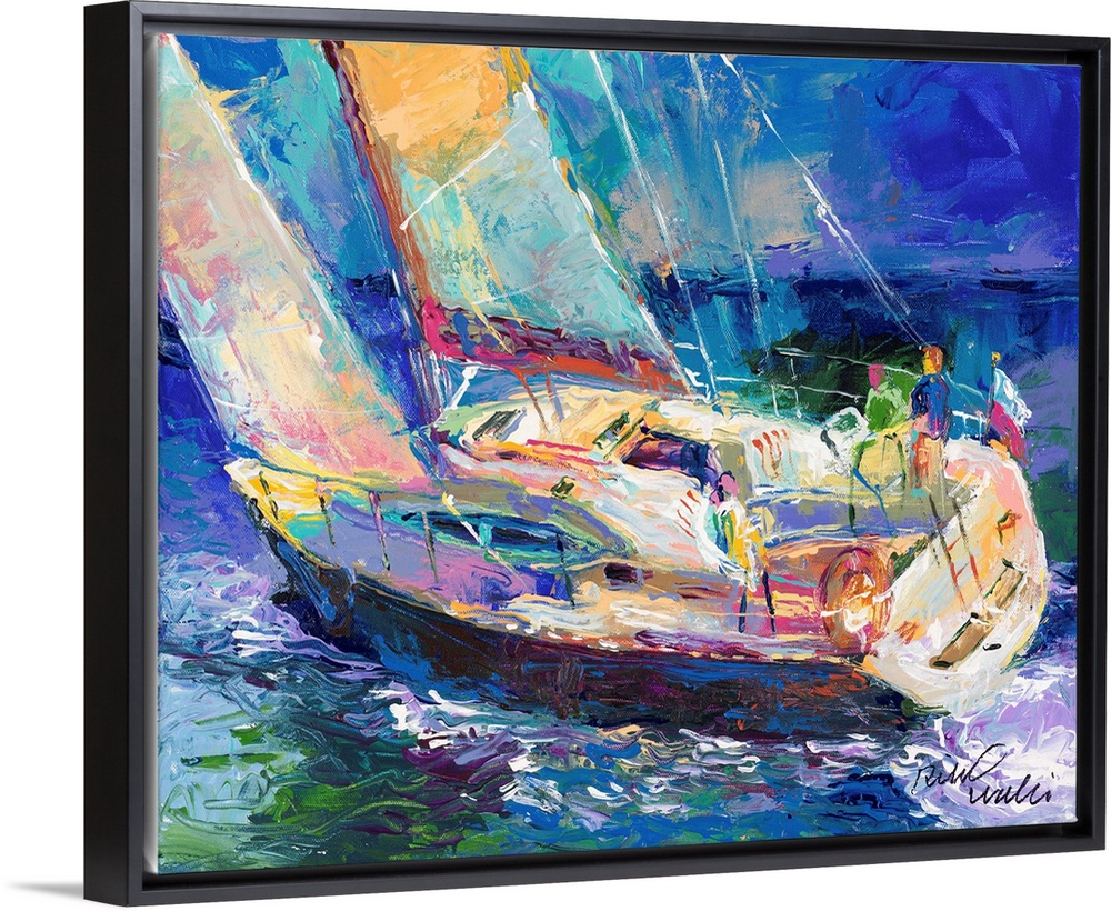 Colorful abstract painting of a sailboat in the ocean.