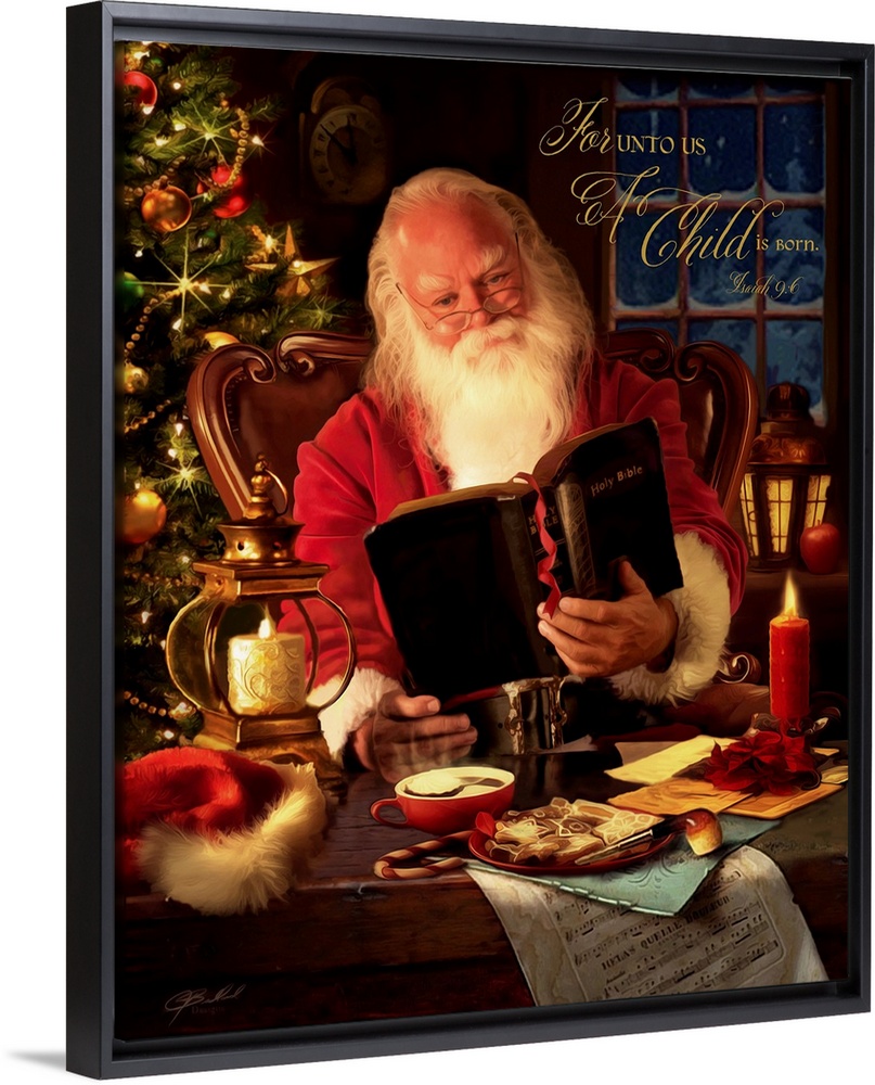 A warm and traditional portrait of Father Christmas sitting at a desk and reading from a bible, with the verse 'For Unto U...