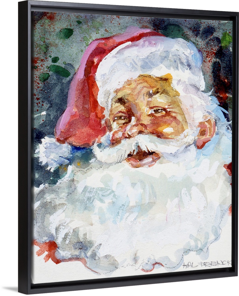 The face of Santa is painted largely with an abstract background behind him.