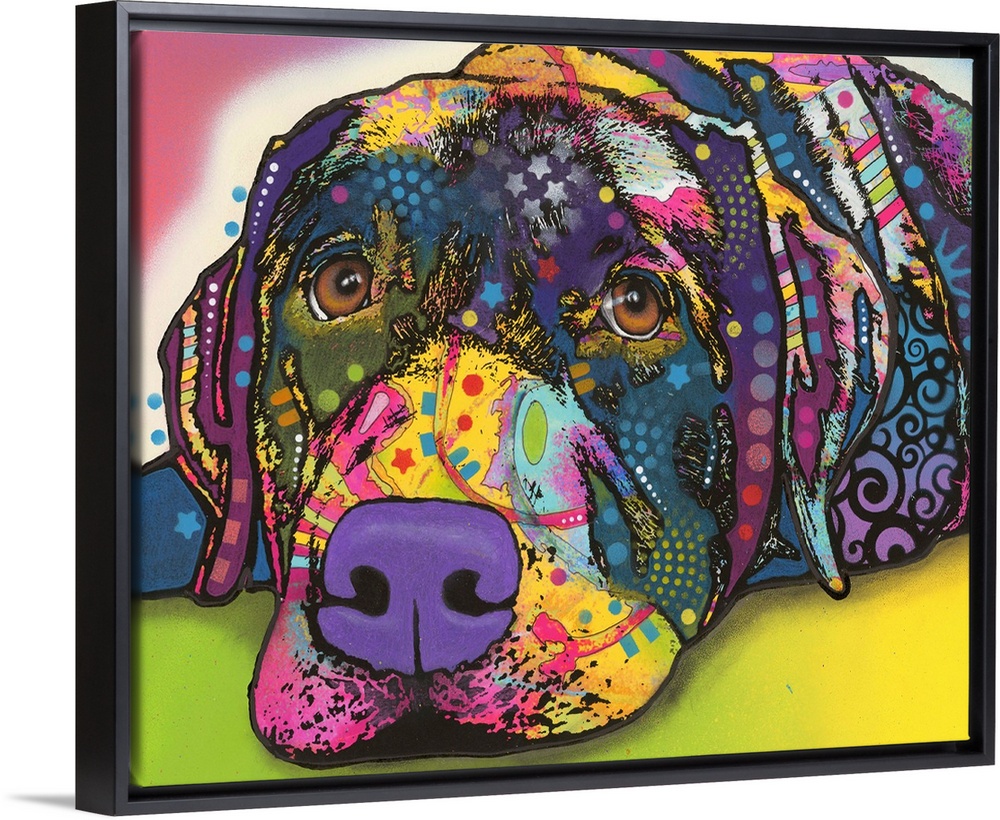Colorful painting of a Labrador with graffiti-like designs all over.
