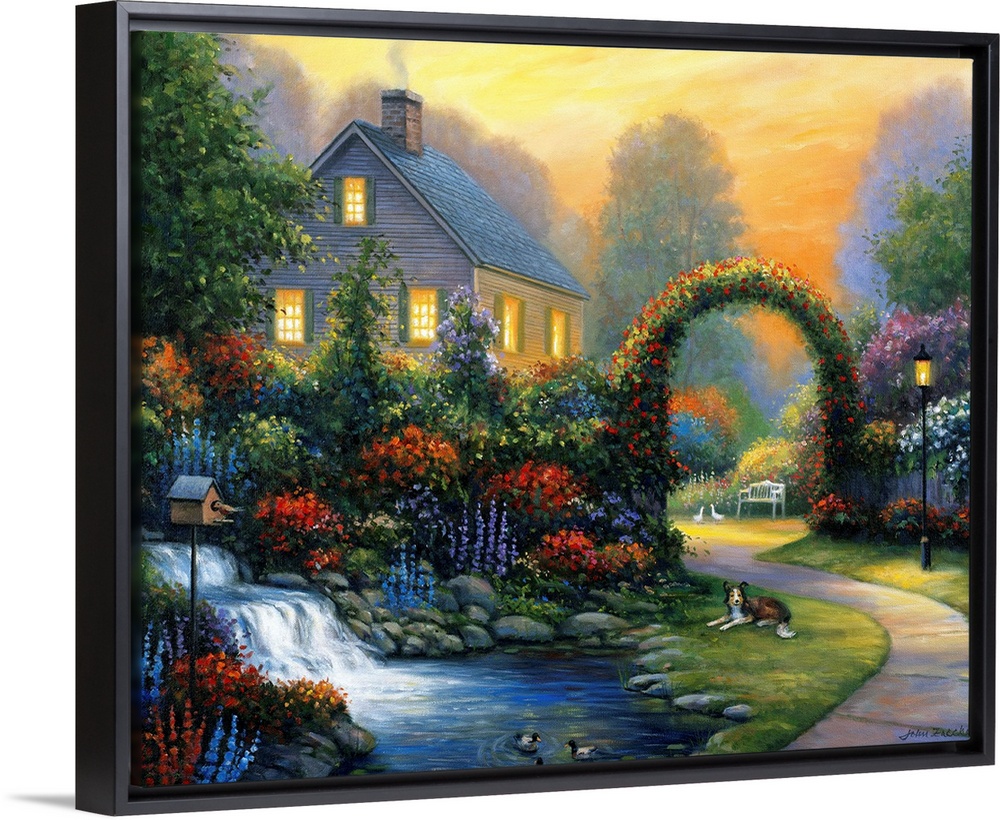 cottage at dusk, surrounded by colorful flower gardens, a stream w/waterfall and a collie in the grassspring