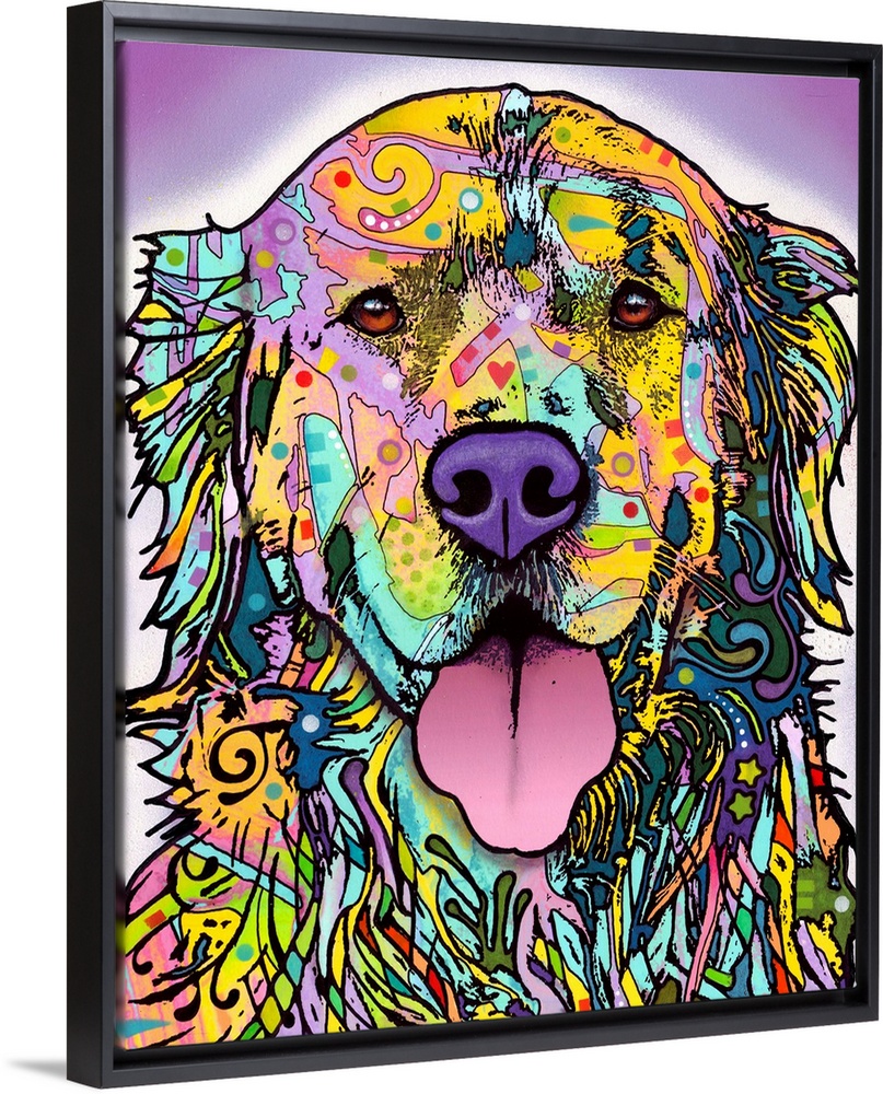 In this abstract portrait of a dog the outline of the animal is filled in with colorful and vibrant shapes and lines.