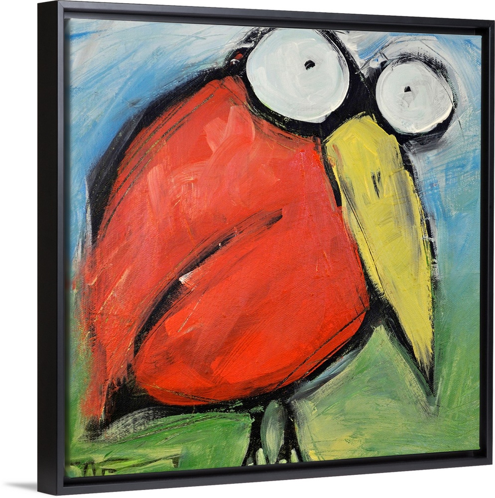 An energetic and delightfully goofy painting of a cartoonish red bird with bugging eyes on square shaped wall art.