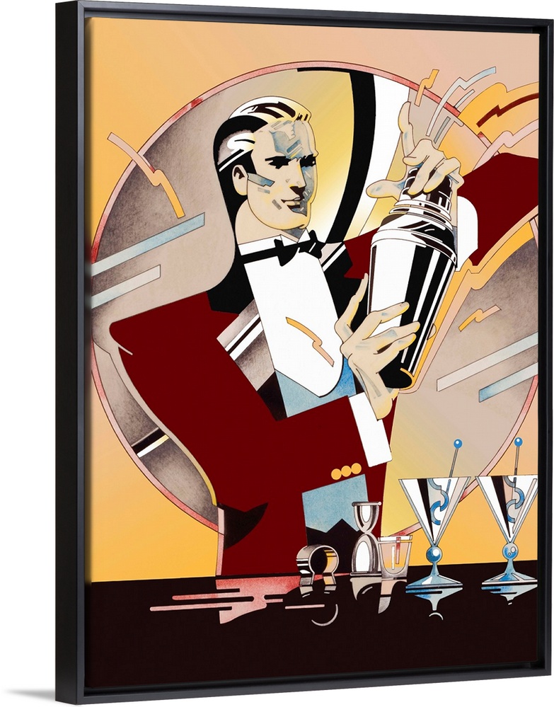 Art deco style illustration of a bartender preparing a cocktail in a shaker.