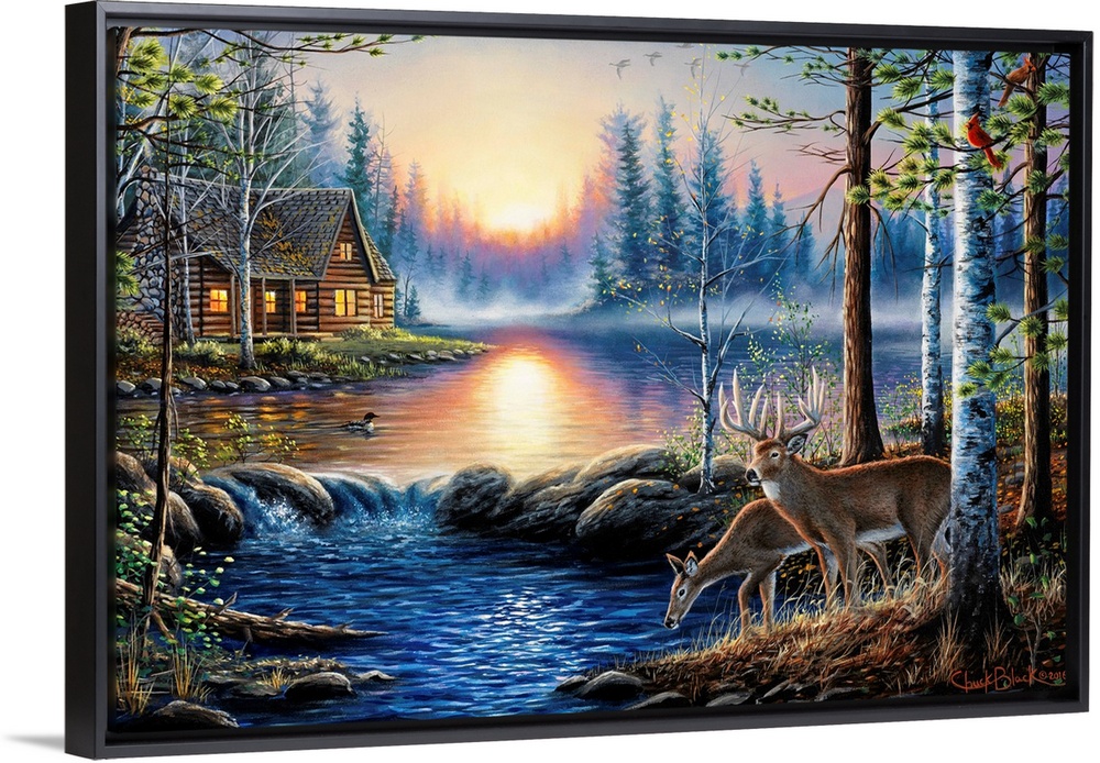 Contemporary landscape painting of two deer by a watering hole with a cabin in the background.