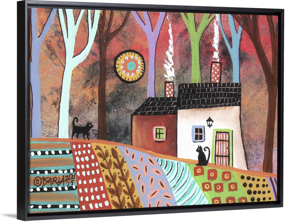 Contemporary folk-art style painting of a rolling hill landscape with houses and patchwork fields.