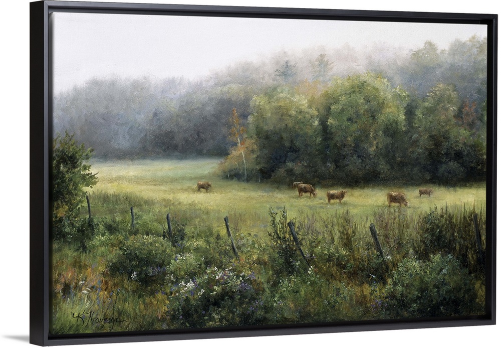 Contemporary painting of an idyllic countryside scene, cows in a pasture.