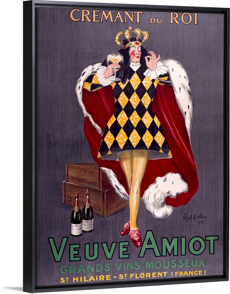 A pompous king, dressed in regalia, sips a glass of Veuve Amiot