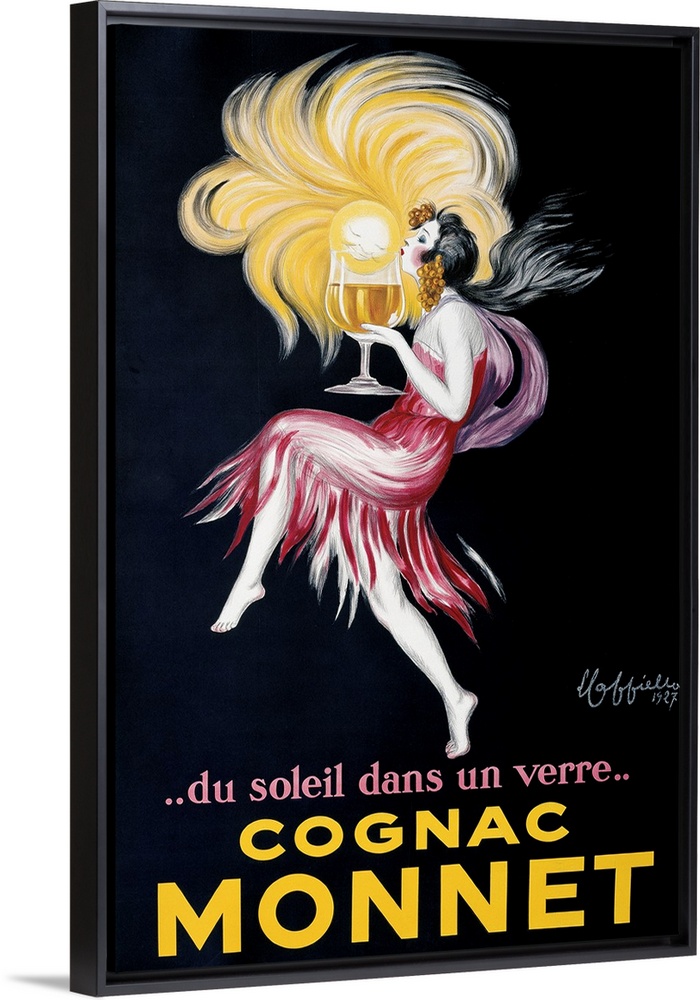 A flapper holds a large glass of Monnet cognac.  A small sun seems to emerge from the glass