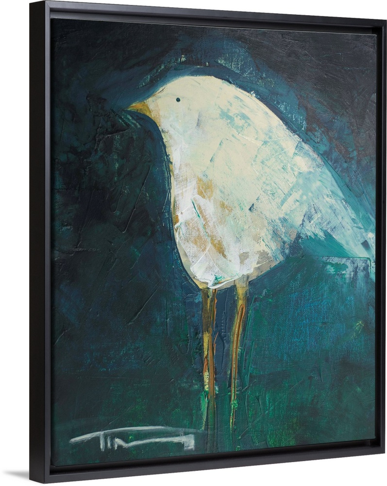 Contemporary painting of a little white bird on a dark background.