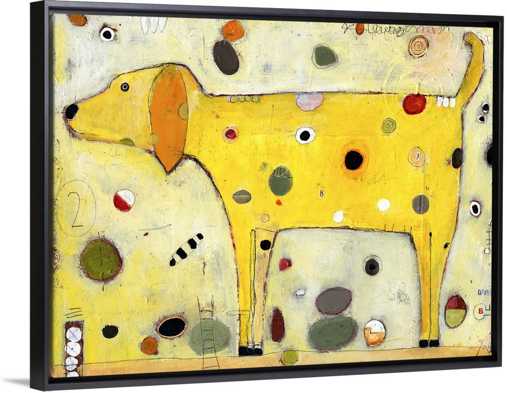 Lighthearted contemporary painting of yellow dog with spots.