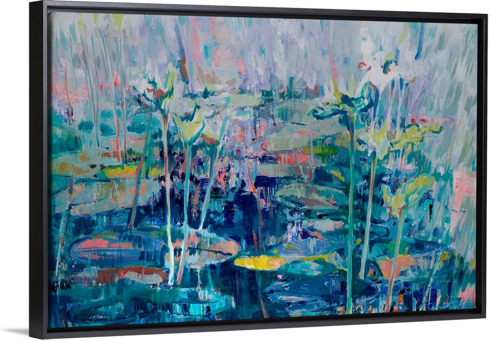 An abstract of waterlilies in a small pond, partly in shade and under the bright morning light.