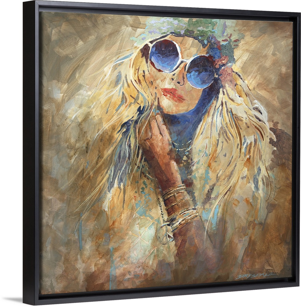 Contemporary painting of a woman in a hat and sunglasses with long blonde hair.