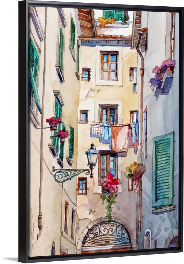 Watercolor painting of an alley way with laundry hanging on a line in Florence, Italy