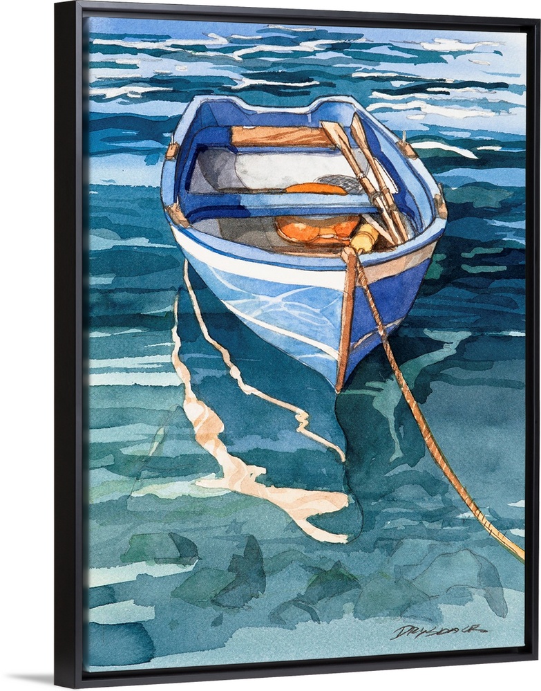 Watercolor painting of a blue and white striped boat on the water in Italy