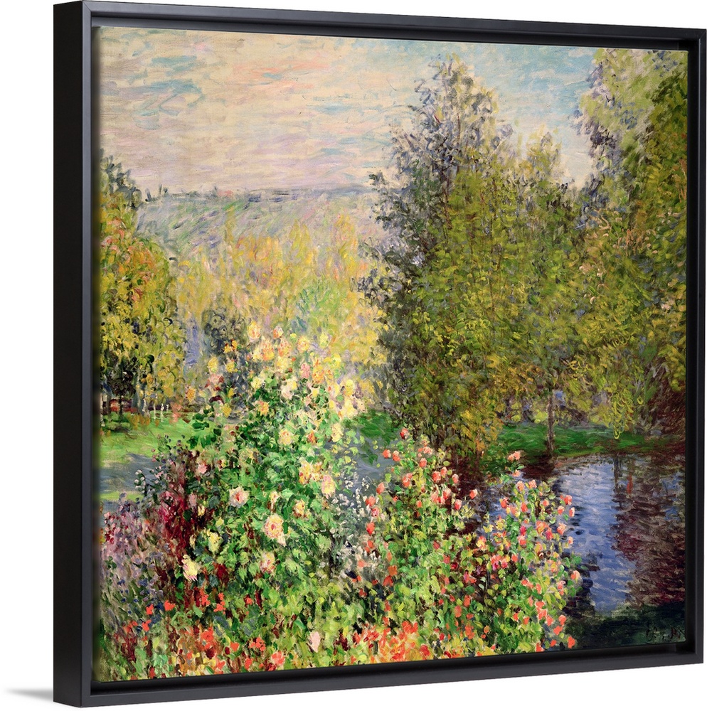 Oil on canvas of a luscious garden with flowers by a river.