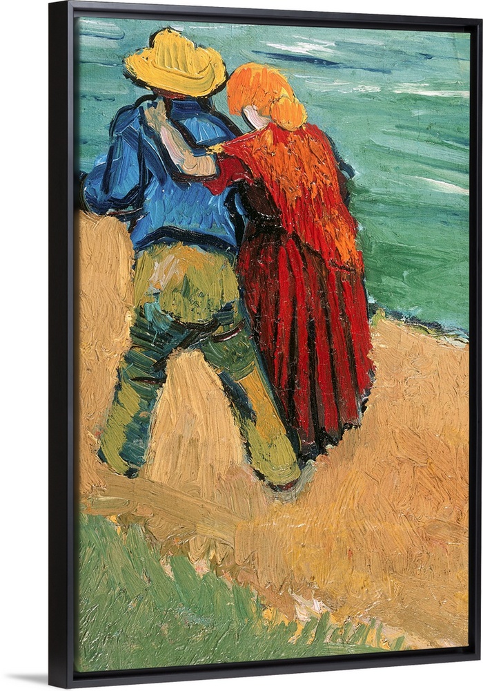 Post-Impressionist Van Gogh painting of a couple in love walking down a dirt path.