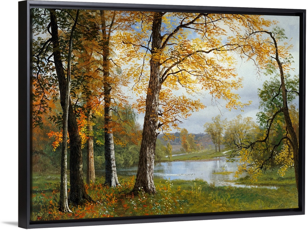 Classic painting of a small wooded grove near a pond, the trees in autumn colors and hills in the distance.
