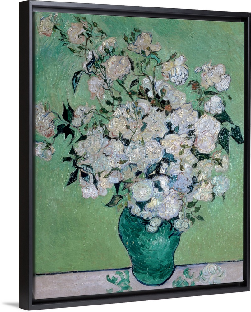 Painting on canvas of flowers in a vase with a few petals on the table it is sitting on.